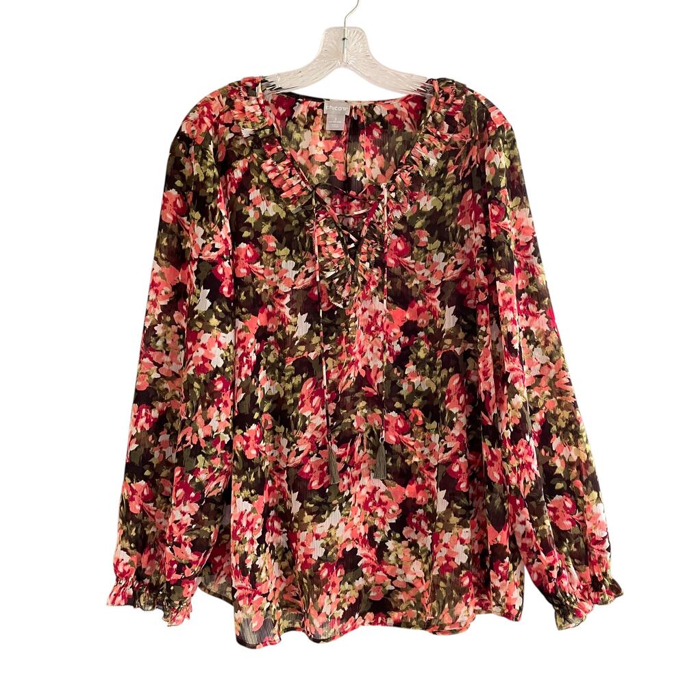 Chico's Chiffon Top Ruffle Lace Up Neckline Floral Semi-Sheer Boho 3 16/18